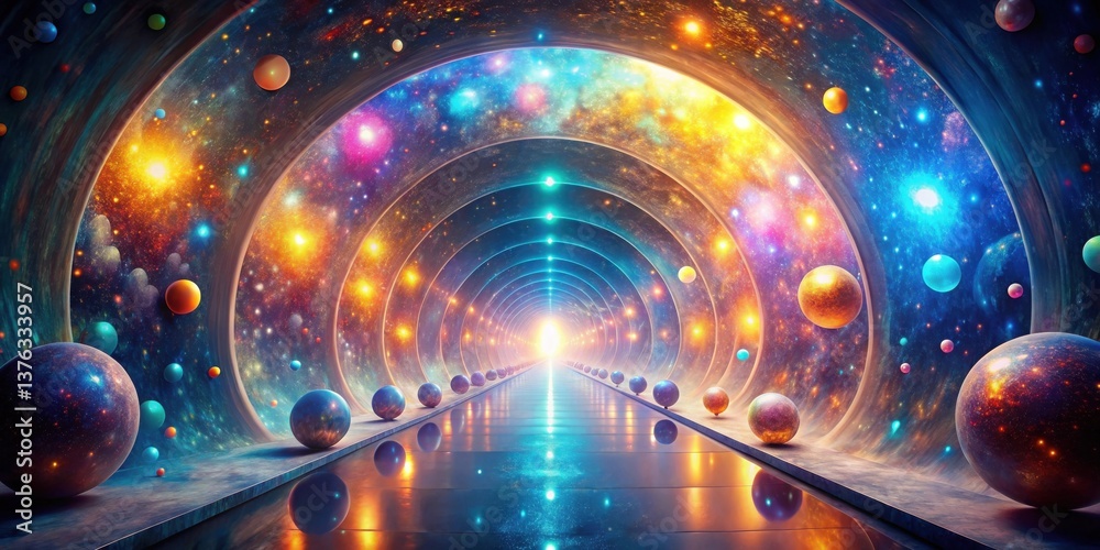 Poster a cosmic pathway through a vibrant nebula, illuminated by celestial bodies and radiant energy, leadi