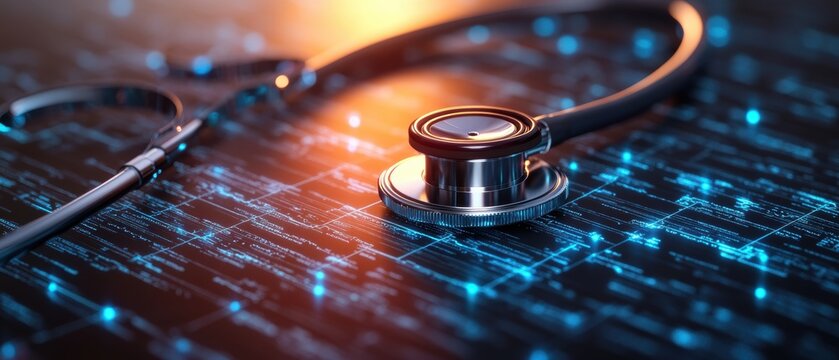 Stethoscope resting on digital display with glowing blue lines of data, representing healthcare technology and the future of medical innovation today