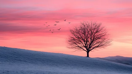 Fototapeten Solitary Tree Silhouette at Pink Sunset Over Snowy Hill © Duki