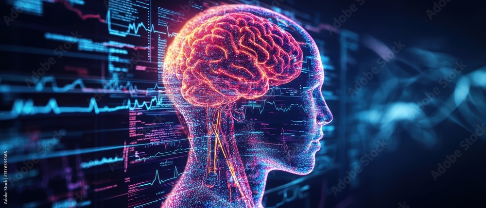 Aufkleber digital rende of human head in profile with glowing brain visible through transparent skull against 