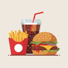 Fast Food Meal: Burger, Fries, and Cola Drink Illustration - Vector Graphic for Restaurant Menu & Food Design