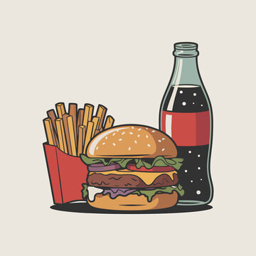 recommend clip art: Delicious Cartoon Fast Food Combo: Burger, Fries, and Soda Bottle Illustration