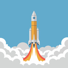 Obraz premium Rocket Launch Illustration: Startup Concept, Space Exploration & Business Growth. Vector Graphics with smoke.