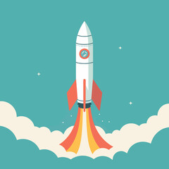 Obraz premium Illustration of Retro Rocket Launching into Space with Clouds, Sky Background, Concept for Innovation, Startup, Business, Success