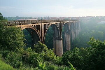 A long stone bridge crosses a lush green forested valley