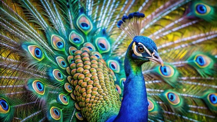 Obraz premium A Majestic Peacock Displays its Vibrant Plumage in a Close-Up View, Showcasing the Intricate Details of its Feathers and Striking Colors