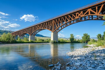 Fototapeta premium A tall rust colored bridge spans a flowing river in nature