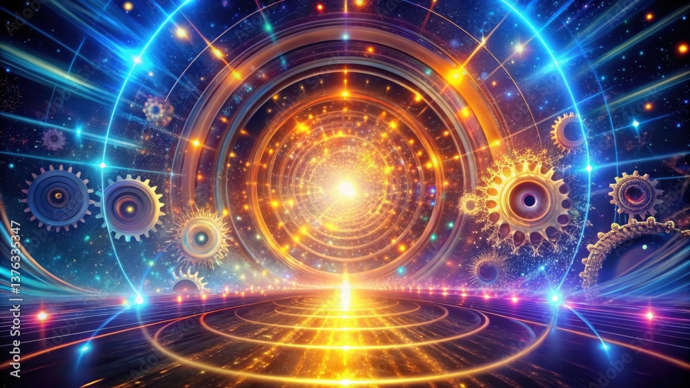 Poster cosmic gearworks a vibrant journey through interconnected realms of light and motion