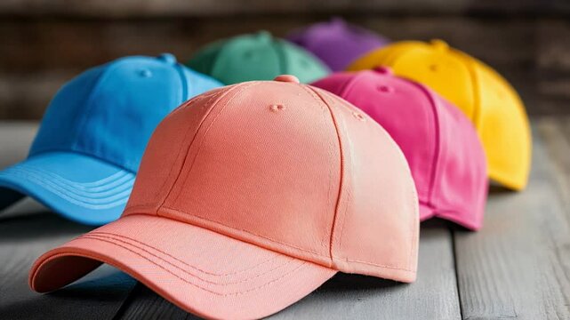 Colorful baseball caps arranged in a row on a wooden surface  