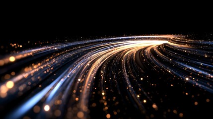 Abstract curved light trails glowing against dark background with bokeh particles and motion blur effect creating futuristic technology concept.