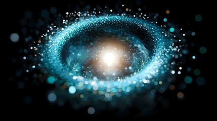 Obraz premium Luminous spiral galaxy with glowing turquoise stardust and bright center on black background, creating cosmic space atmosphere. Suitable for astronomy and science designs.