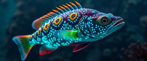 Fototapeta premium Vibrant Aquatic Creature with Dazzling Scales and Fins, Swimming in a Dark Ocean