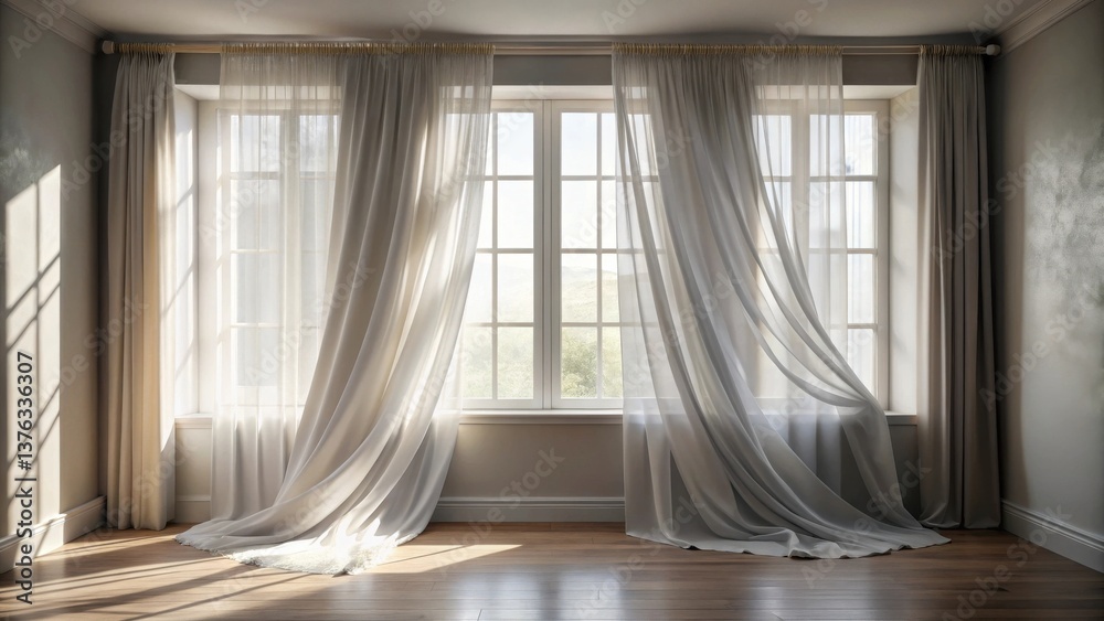 Aufkleber sunlight streams through sheer curtains billowing gently in a serene room with hardwood floors