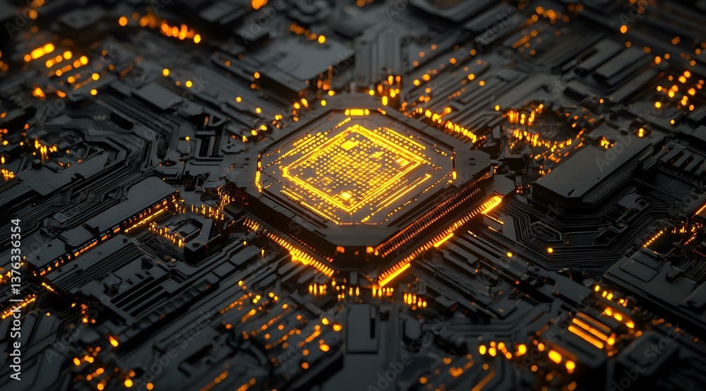 Poster glowing processor chip on dark circuit board with orange light effects, modern technology concept sh
