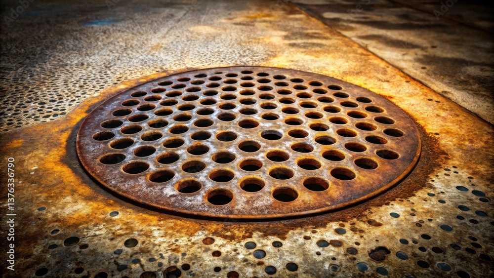Poster a weathered circular metal grate with numerous perforations, showing signs of extensive rust and cor