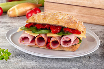 Ciabatta with mortadella, tomato, cheese and spinach