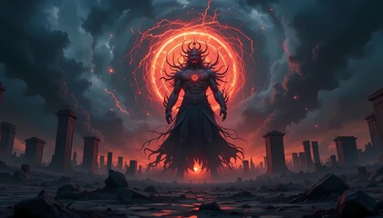 A colossal, dark demonic figure stands amidst a ravaged cityscape, bathed in an ominous red glow.