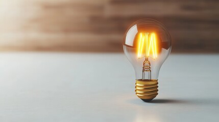 Glowing lightbulb with filament shaped like letter M on light gray surface, blurred wood panel background creates an artistic, unique lighting concept.