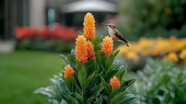Vibrant orange celosia flowers in garden with hovering hummingbird feeding on nectar, blurred natural background with yellow blooms and greenery. - Powered by Adobe