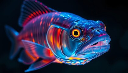 Fototapeta premium Luminous Aquatic Creature with Vibrant Scales and Glowing Eyes in a Dark Setting