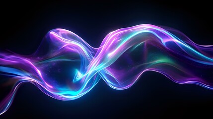 Abstract glowing neon waves with purple, pink and blue colors flowing smoothly on black background, creating dynamic light trails and motion effect.