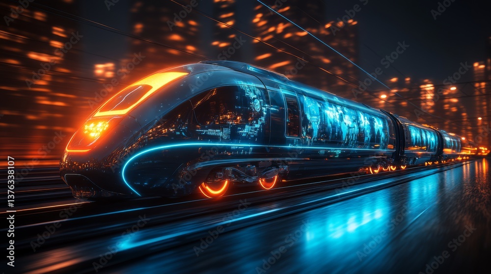 Poster a cutting edge smart train travels smoothly along tracks in a neon lit cityscape, showcasing automat