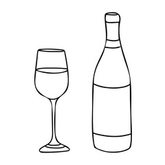 White Wine Bottle and Glass. Hand drawn Vector illustration, line art. Alcohol Beverage Glassware in Doodle style. For Bar menu, logo, cards or poster design.
