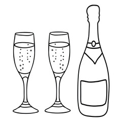 Champagne or Sparkling Wine Glass and Bottle in doodle style. Vector minimalistic illustration isolated on white background. Doodle style. Line art.