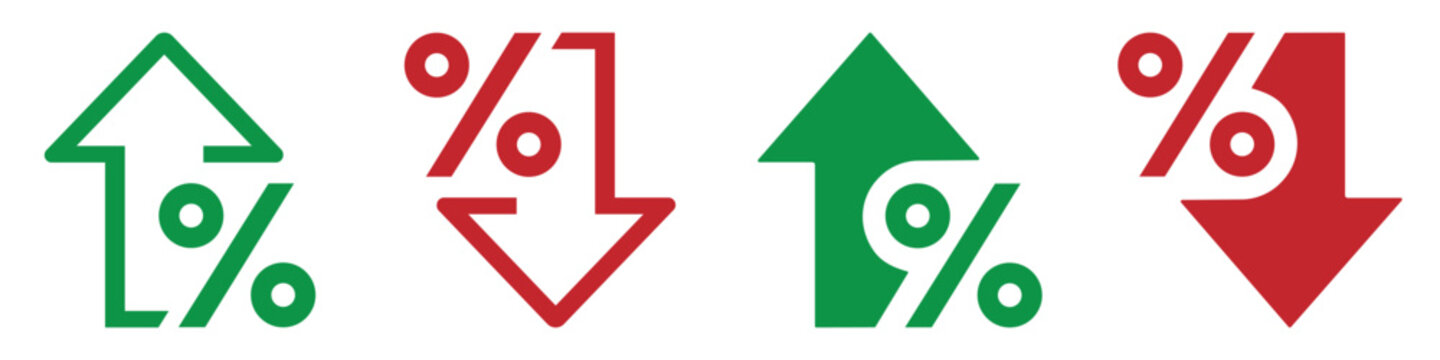 Percentage growth and decline icons set with up and down arrows. Flat and line style symbols for financial, business, and statistical analysis. Perfect for reports and dashboards.