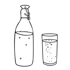 Glass and Bottle with porcelain cap Set. Soda, Lemonade, Water with Bubbles or a Fizzy Drink. Black and white outline drawing. Minimalist style illustration in Doodle Style isolated on a background
