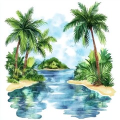 Watercolor island with river and palms illustration.