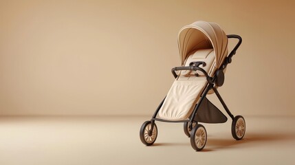 Elegant Beige Baby Stroller Isolated on a Monochromatic Background Still Life