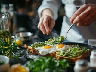 Delicious Avocado Toast Breakfast: Gourmet Healthy Eating with Fresh Ingredients and Culinary Food Photography