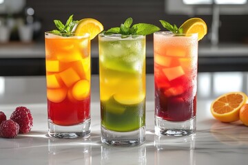 Fototapeta premium Refreshing fruit drinks with vibrant colors and garnishes displayed on a marble countertop in a modern kitchen