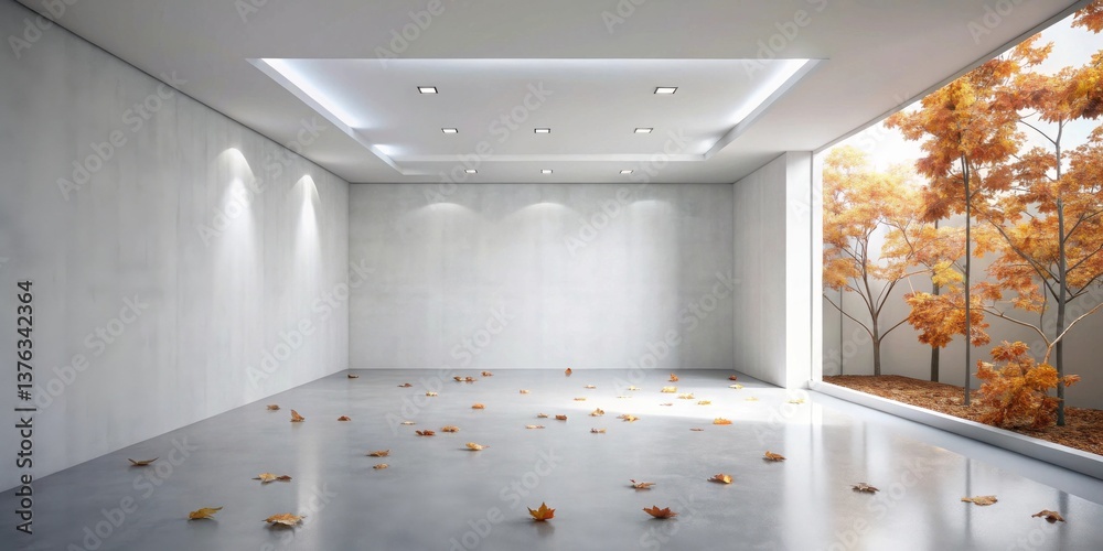 Aufkleber empty room with autumnal window view and scattered leaves on polished floor