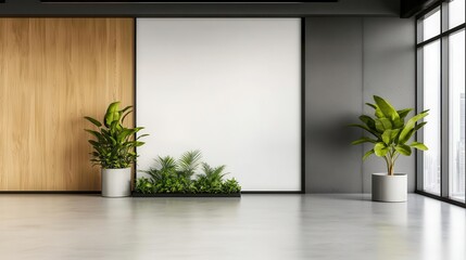 Minimalist office lounge with a central glassencased garden, clean lines and natural elements bringing nature indoors