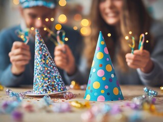 Party Celebration with Festive Hats, Confetti, and Sparklers for Joyful Gatherings - Enhance Your Event with Colorful Decor and Playful Accessories