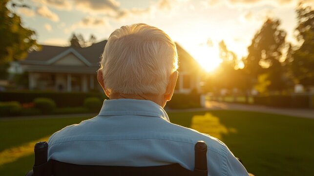 Elderly man in wheelchair enjoys tranquil golden hour serenity at home