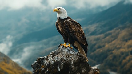 Eagle resting on rock with dramatic mountain landscape and sky high resolution picture