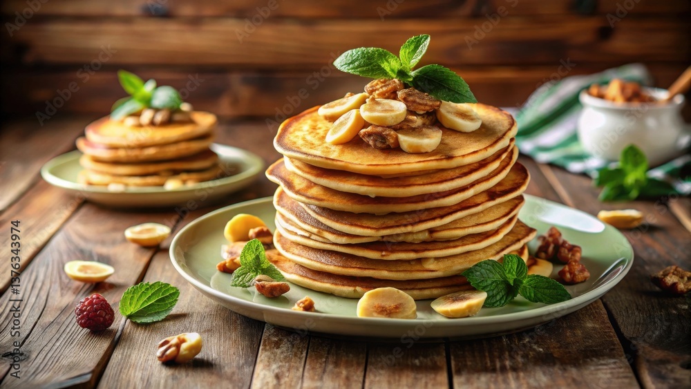 Poster A Delicious Stack of Buttery Pancakes Topped with Fresh Mint, Sliced Fruit, and Toasted Nuts on a Rustic Wooden Table