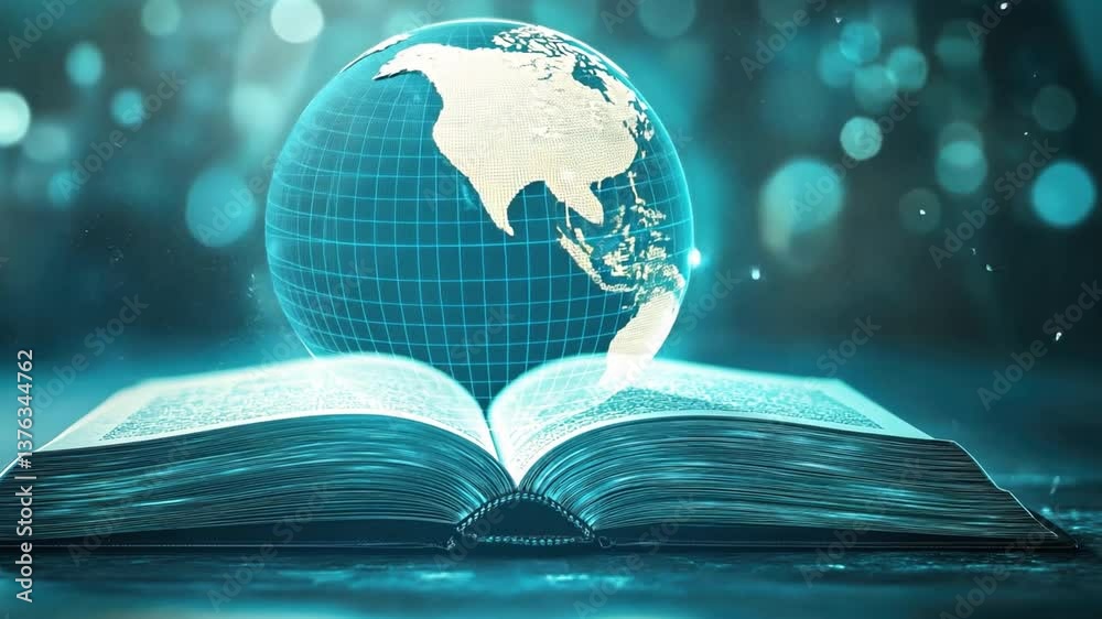 Poster digital transformation of knowledge: an open book with a glowing globe illustrating global connectiv