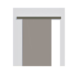 Modern wide sliding door with grey wooden. 3D graphics. The interior of the room.