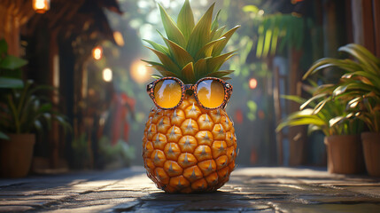 Cool pineapple wearing sunglasses in a tropical street scene with warm sunlight and blurred