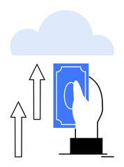 Hand holding banknote with upward arrows pointing to a cloud. Ideal for finance, technology, cloud storage, online payment, data transfer, e-commerce, and remote services. Flat simple metaphor