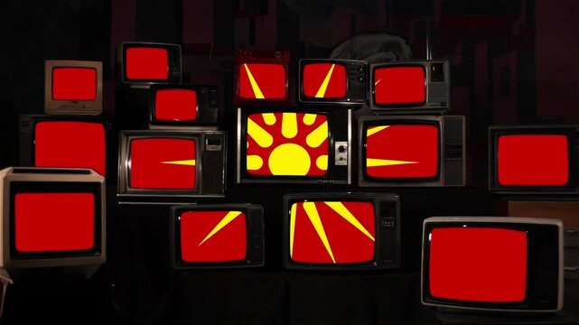 Flag of the Republic of Macedonia (1992&ndash;1995) on Multiple Stacked Retro Televisions - 4K