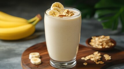 Protein Shake in a Clear Glass with Banana Slices