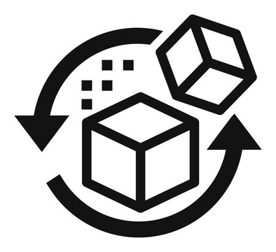 icon of sugar cubes with arrows and granules, symbolizing transformation or processing.