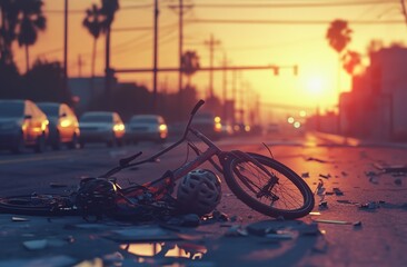 A realistic scene of a bicycle accident on a city street, with a damaged bicycle and helmet scattered on the road, a sunset background with city streets