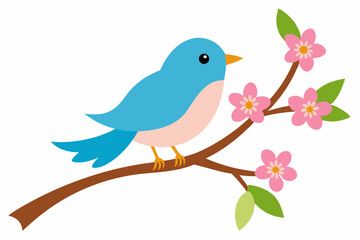 Bird resting on a blooming branch vector illustration