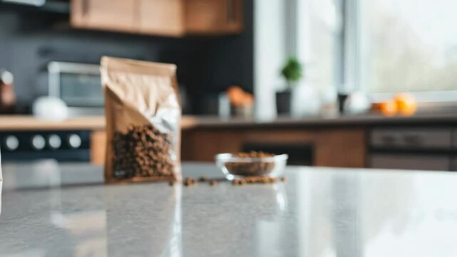 A transparent bag of pet food next to a bowl filled with kibble